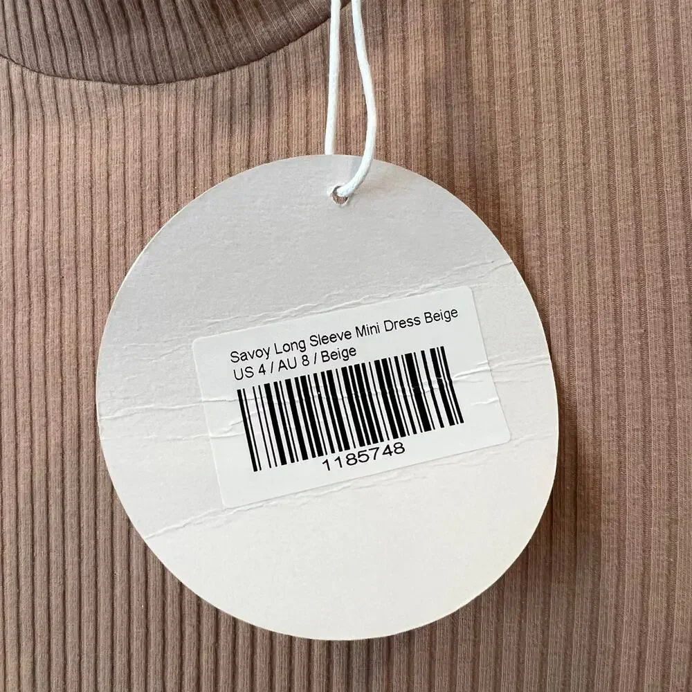 Princess Polly Savoy Long Sleeve Mini Dress Beige Tan Ribbed Knit Mock Neck